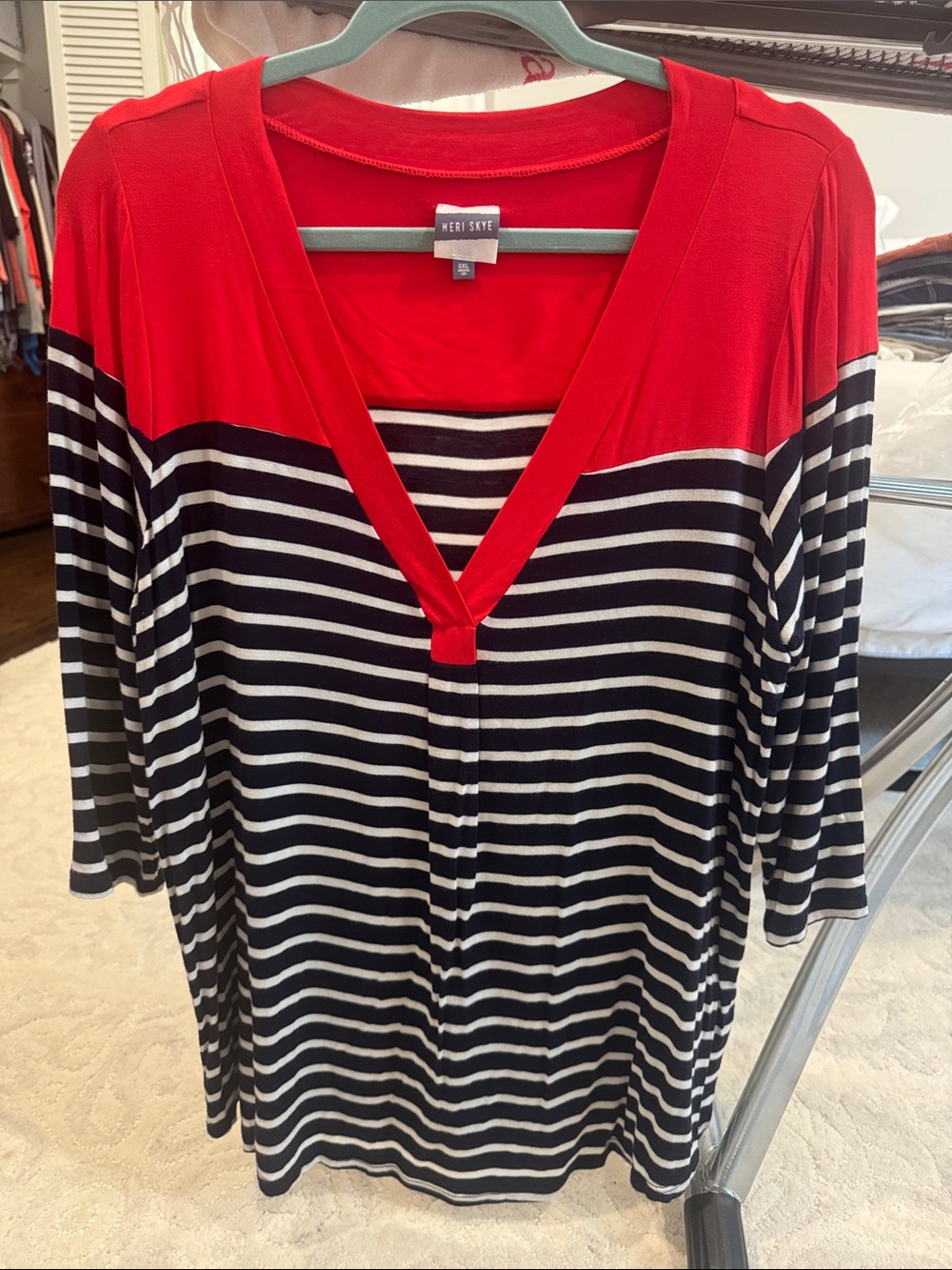 Meri Skye Red & Black Striped V-Neck Tunic